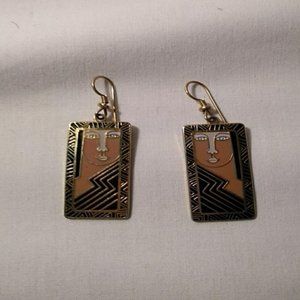 Laurel Burch Earrings GODDESS Cloisonne Woman Face Dangle French Ear Wires RARE